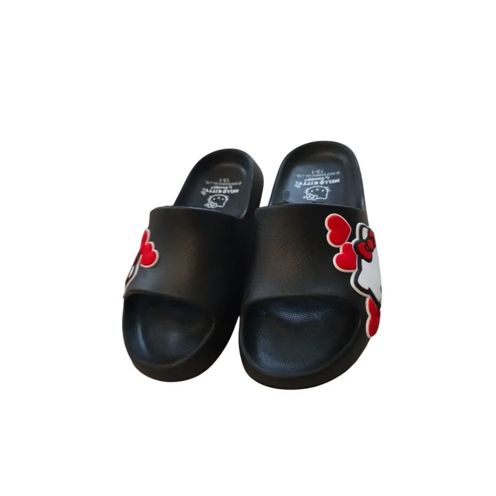 Hello Kitty Black Slide Sandals with Red Hearts - Kids